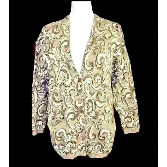 SAVILLE - RENA ROWAN Woman's SAGE GREEN w/IVORY Print Cardigan Tunic Sweater Sm - Picture 1 of 4